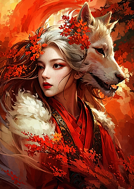 Woman with Wolf and Autumn Leaves
