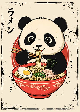 Panda eating ramen illustration