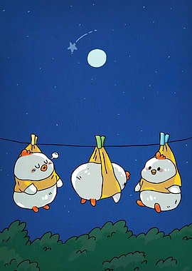 Cartoon Chickens Hanging on Clothesline at Night