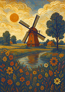 Dutch Windmill Landscape with Flowers