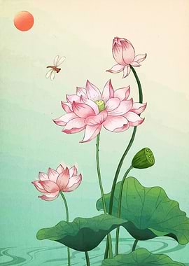 Lotus Flowers with Dragonfly