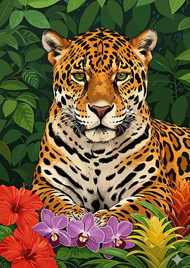 Jaguar Portrait with Tropical Flowers