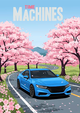 Blue Car Under Cherry Trees
