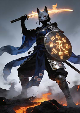 Fox Mask Warrior with Flaming Sword