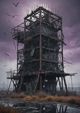 Post-Apocalyptic Water Tower — Ruined Industrial Structure under a Stormy Lilac Sky