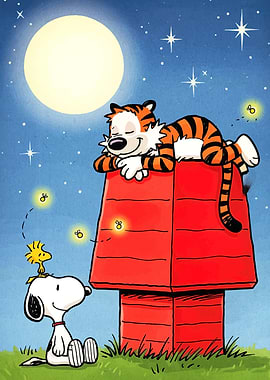 Snoopy, Woodstock, and Hobbes at Night