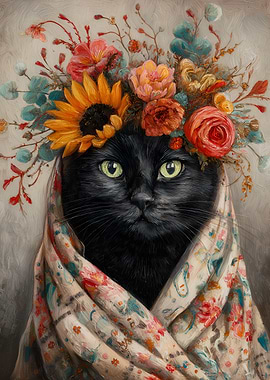 Black Cat with Floral Crown Painting