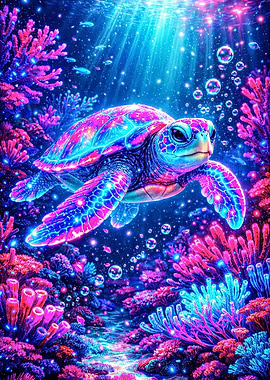 Neon Turtle Underwater Coral Reef