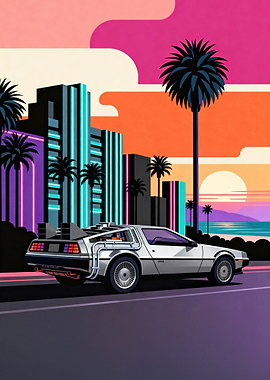 DeLorean in a Retro Cityscape