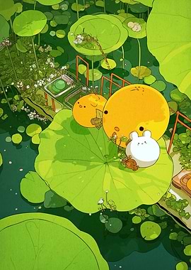 Cartoon Pond Scene with Animals