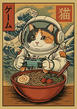 Astronaut Cat Ramen Poster, Japanese Anime Wall Art, Astronaut Cat Gaming with Ramen