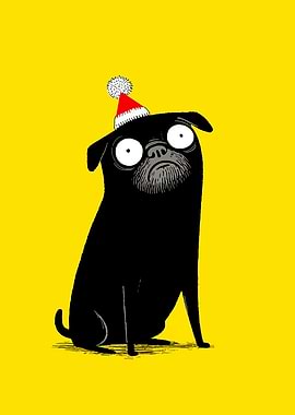 Cartoon Pug with Christmas Hat