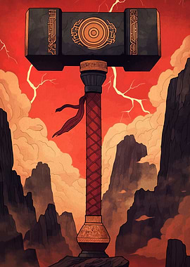 Mjolnir Hammer in a Stormy Landscape