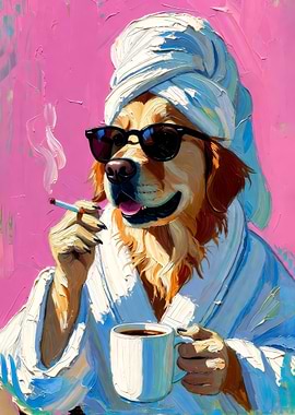 Glamorous Golden Retriever in Bathrobe Impasto Oil Painting Art