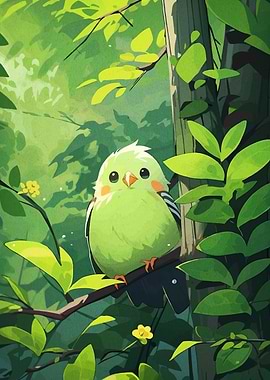 Cute Green Bird in Forest
