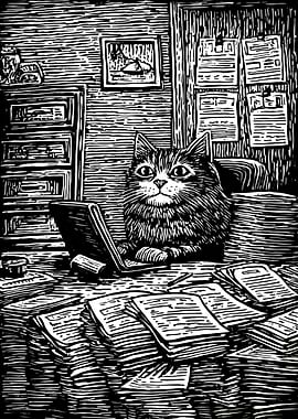 Cat at Desk with Laptop