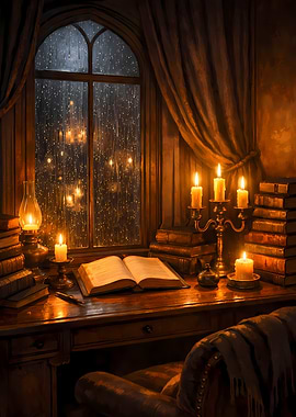 Candlelit Study on a Rainy Night