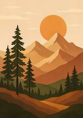 Mountain Landscape with Trees and Sun