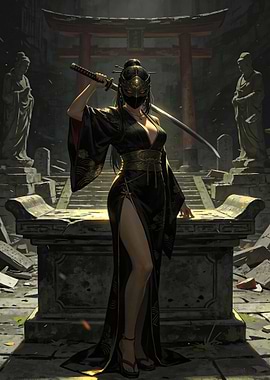 Female Ninja with Katana in Temple