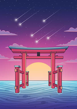 Torii Gate at Sunset – Japanese Night Sky Illustration