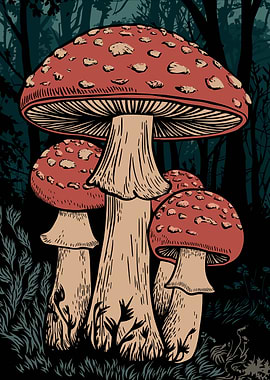 Amanita Mushrooms in Dark Forest Illustration