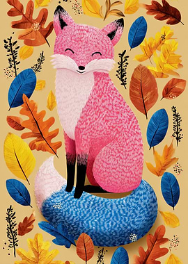Pink Fox with Autumn Leaves