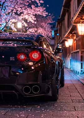Car Nissan GT-R R35 Night Cherry Blossoms