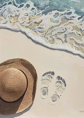 Beach Day Painting with Hat and Footprints