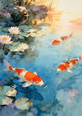 Koi Fish Pond Watercolor Painting