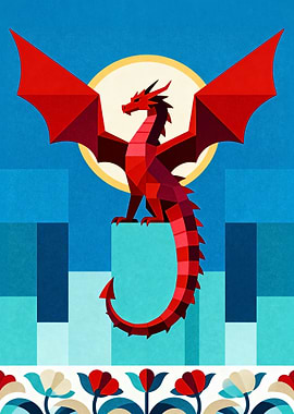 Geometric Red Dragon on Blue Background