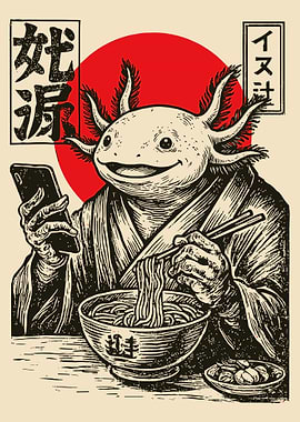 Axolotl Monk Eating Noodles Poster, Japanese Cute Art, Anime Axolotl Wall Print