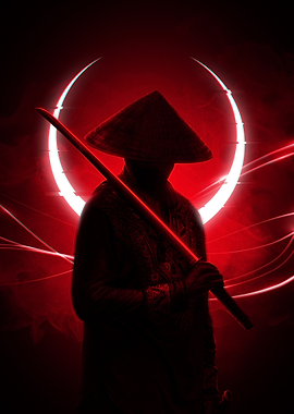 Red Samurai with Katana and Moon