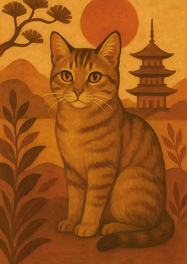 Cat with Japanese Landscape Painting