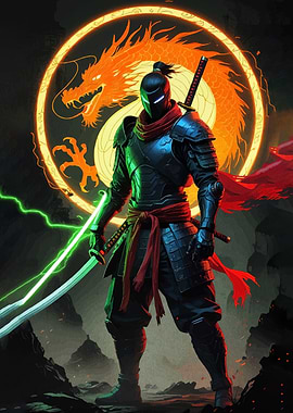 Cyberpunk Ninja with Dragon Backdrop