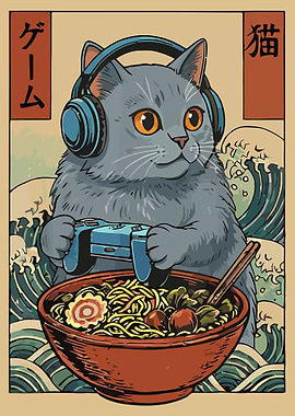 Gaming Cat Ramen Poster, Japanese Style Wall Art, Anime-Inspired Kitchen or Game Room Print