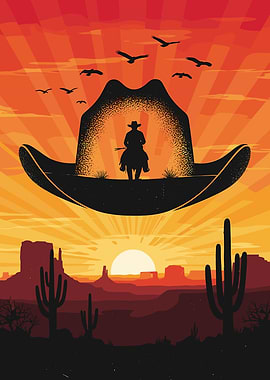 Western Cowboy Sunset Landscape Illustration