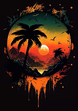 Tropical Sunset Palm Tree Silhouette Art