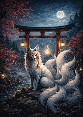 Nine-tailed Fox in Japanese Landscape
