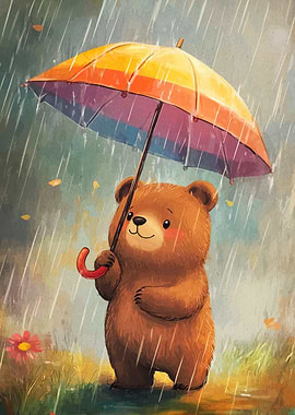 Cute Bear with Umbrella in Rain