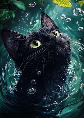 Black Cat in Water with Bubbles