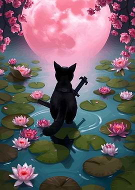 Ninja Cat in Lily Pond