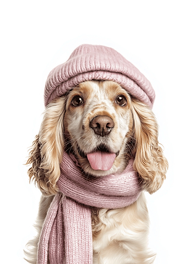 Cozy English Cocker Spaniel Dog with Pink Hat and Scarf