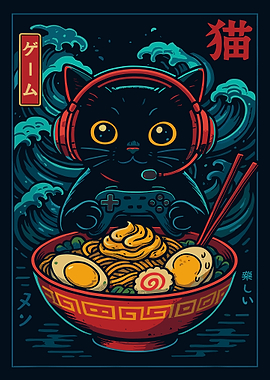 Gamer Cat with Ramen Bowl
