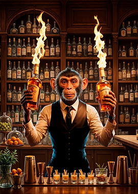 Monkey Bartender with Flaming Liquor Bottles