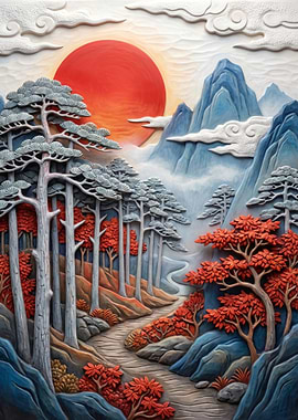 Asian Landscape with Red Sun