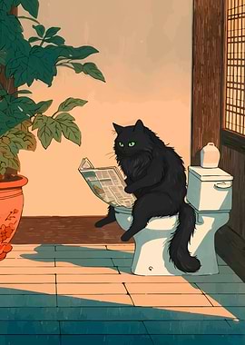 Cat Reading Newspaper on Toilet