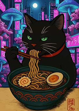 Black Cat Eating Ramen in Cityscape