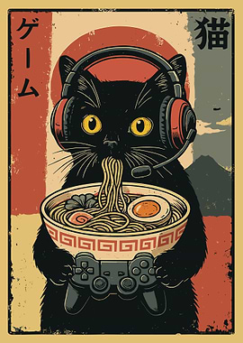 Gamer Cat with Ramen and Controller