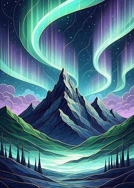 Aurora Borealis over Mountain Landscape
