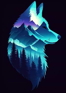 Wolf Silhouette Mountain Landscape Art